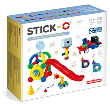 Stick-O magnetische Bausteine für Kinder ab 1 Jahre, kreatives Konstruktionsspielzeug, Lernspielzeug mit Magnet, Creator Set für Mädchen und Jungen, Montessori Spielzeug, 60 Teile Set,
