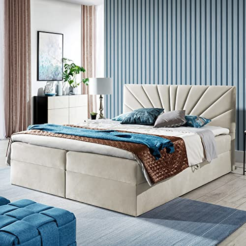 Boxspringbett Doppelbett TEO - Bett mit Bonellmatratze, mit Bettkasten für Bettwäsche und Topper. Gepolsterte Kopfstütze in 3 verschiedenen Varianten (Beige, 120x200 TEO 2)