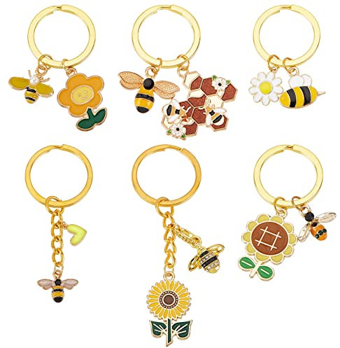 OLYCRAFT 6 Stück Legierung Emaille Schlüsselanhänger Biene Blume Schlüsselanhänger Sonnenblume Schlüsselanhänger Anhänger Für Geldbörse Mit Rechteckigen Samtbeuteln Für Auto Geldbörse Tasche
