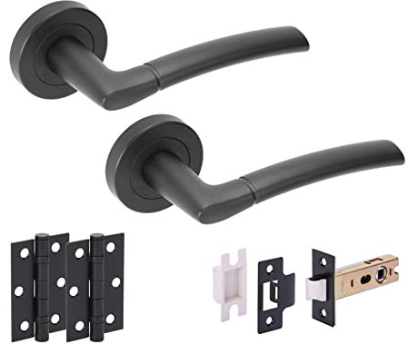 Hunta HANDLEZONE® Neemo Internal Door Handle Latch Pack, Complete with Lever On Rose Handles, Latch, Ball Bearing Hinges - Black Matt