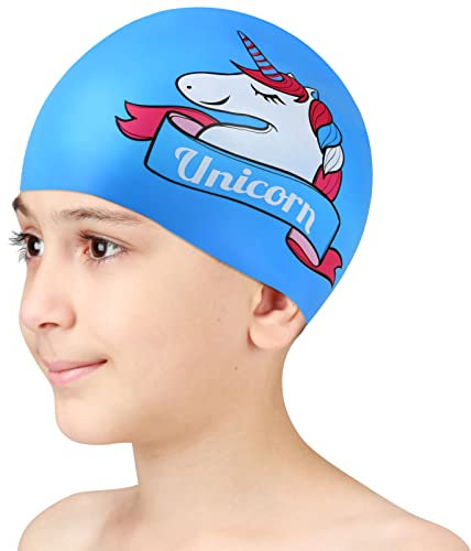 AOMIG Gorro Piscina Niña, Lindos Gorro Natacion Niña de Unicornio Cómodos y Elásticos, Swimming Cap de Silicona Impermeable e Hipoalergénico, Gorro de Baño para Niñas, Niños para Cabello Largo y Corto