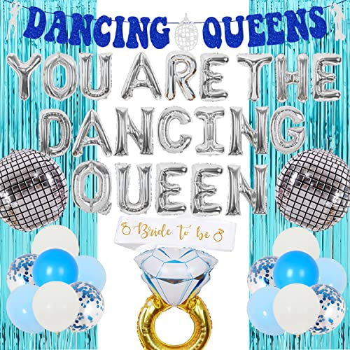 Balterever Tanzende Königin Dekoration: Disco Bachelorette Party Deko mit Tanzende Königin Banner, Blauer Regenvorhang, Braut Schärpe & mehr in Blau für Junggesellinnenabschied
