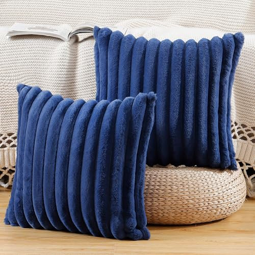 Madizz 2er Set Kunstpelz Plüsch Dekorative Kissenbezüge Flauschig Gestreifte Weich Dekorative Kissenbezug für Sofa Schlafzimmer Kissen Shell Blau 45 x 45 cm
