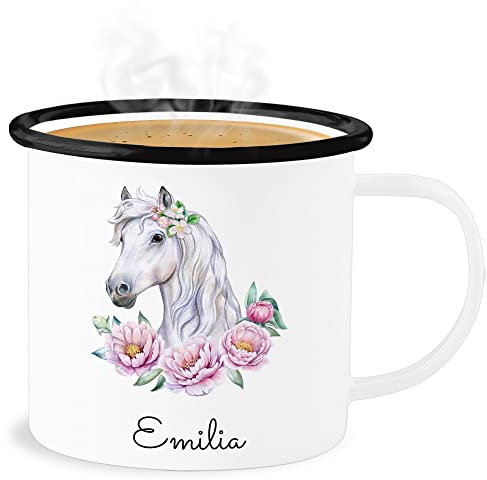 Emaille Becher Blechbecher - Pferde - Pferdekopf Motiv mit Name personalisiert I Pferdemotiv I Pferd Name - 300 ml - Weiß Schwarz - tasse pferden pferdemädchen tassen
