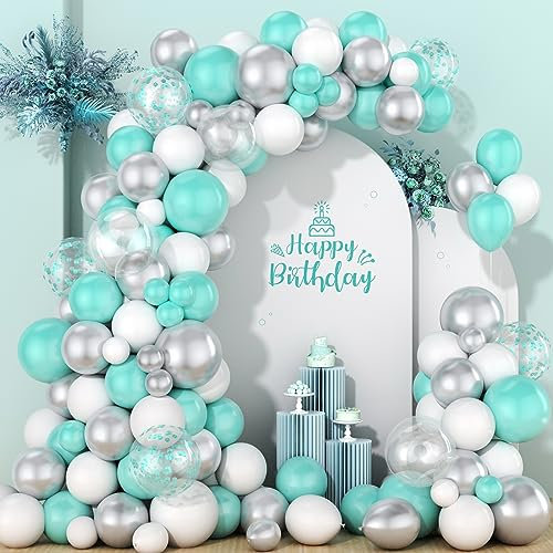 Ousuga Kit Arche Guirlande Ballons Bleu Sarcelle, 113 Pcs Teal Bleu Blanc Argent Ballons Avec Confettis Ballon Transparent Garçons Anniversaire Mariage Fiançailles Anniversaire Valentin Mariée Déco