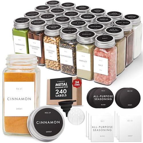 FINESSY Minimalist 24-Pack 4oz Glass Spice Jars with Labels, Square Shaker Lids, Airtight, Dishwasher Safe