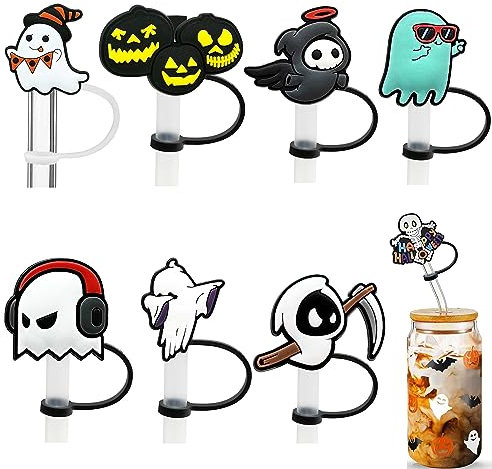 Halloween Straw Covers Cap,Ycoolle 8 Pcs Reusable Silicone Halloween Straw Topper Creative Straws Tips Cover Suitable for 1/4~1/3 inch Drinking Straws Mug Accessories (8)