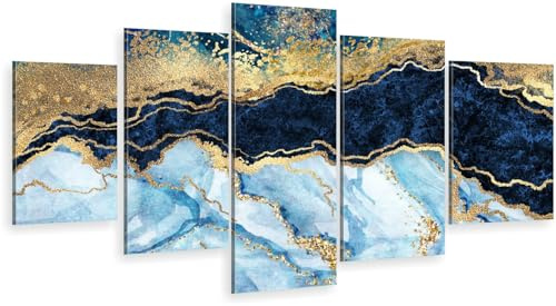 HUBDECO 5-Teiliges Leinwand Bild Wohnzimmer - Bilder, Poster, Kunstdrucke - Leinwandbild - Bild auf Leinwand - Tolle Zimmerdekoration - Schlafzimmer Bilder - 158x90 cm Marmor Himmelblau