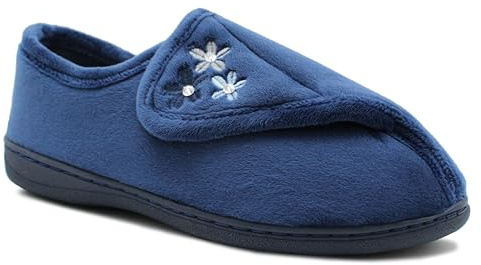 Dr Keller Womens Lightweight Faux Fur Wide Opening Touch Fasten Diabetic Orthopaedic Slippers (Navy, UK Footwear Size System, Adult, Women, Numeric, Medium, 8)