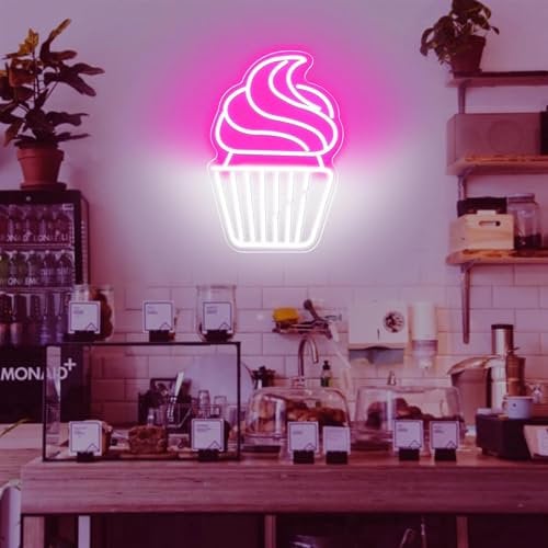 FINOTI Cupcake Neon Sign For Cake Store Wall Decor Ice Cream LED Neon Light For Home Bedroom Wall Windows Deco Gifts For Kids Girls Boy USB With Switch