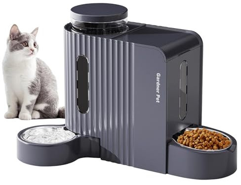 Gardner Pet 2-en-1 Distributeur Croquettes Chat Automatique 6L*2, Distributeur Eau Chat et Chien par Gravité, Mangeoire avec Gamelle Acier Inoxydable, pas d'électricité, Sans BPA, Angle Réglable, Gris