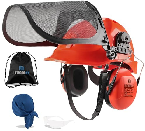 UM ULTRAMAXX 6-in-1 Chainsaw Helmet with Mesh Face Shield and Hearing Protection Ear Muffs, Forestry Safety Hard Hat Kits, ANSI Z89.1 Approved Certified Arborist Helmet, Orange