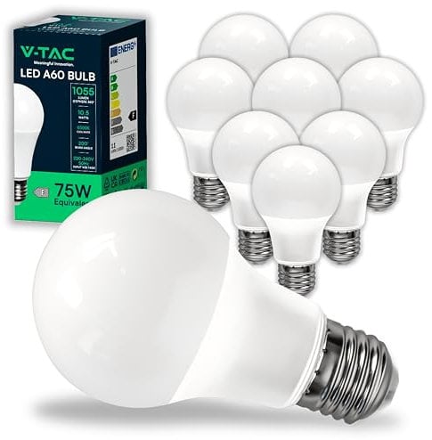 V-TAC 10x Bombillas LED E27, Edison - A60 10,5W (Equivalente a 75W) - 1055 Lumen - 6500K Blanco Frìo - Apertura del Haz de Luz 200° - Máxima Eficiencia y Bajo Consumo