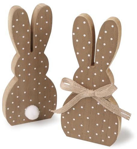 GEBETTER 2 Stück 2 Muster Holzhasen Figuren kleinen 17 cm Deko Hasen Osterhasen Holz Natur Osterdeko zum Hinstellen Geschenk Aufsteller für Ostern Osterdekoration (Braun)