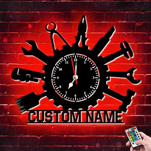 ALICESER Personalisierte Reparaturwerkstatt-Wanduhr, Neonschild, Metall, LED, Wanduhr, Leiser Quarz, Kein Ticken, Geschenk für Reparaturmänner oder Vintage-Enthusiasten