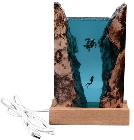 Garosa Divers Schildkröten-Harzlampe, Holz, Nachttischlampe, Schreibtisch-Kunstornamente, Lebendiges Meereskunstlicht mit USB-Kabel, Knopfschalter, LED-Ozeanlampe für