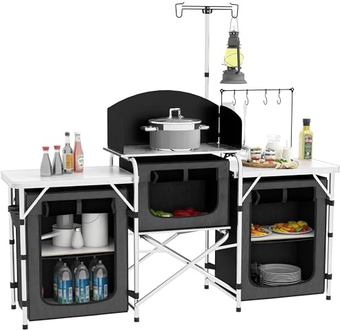 Outsunny Camping Kitchen Table, Portable Folding Camp Kitchen, Aluminum Cook Station with 3 Fabric Cupboards, Windshield, Carrying Bag for BBQ, RV, Picnic, Black