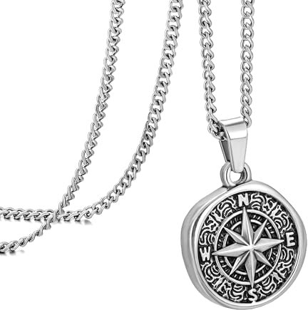 murtoo kette herren, halskette kette, silberkette herren, kompass kette, kompass anhänger, edelstahl kette, anhänger kette, geschenk herren (Vintage Silber)
