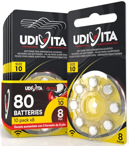 80 Hearing Aid Batteries Size 10 Udivita (PR70 - Yellow) Zinc-Air Hearing Evolution with Phono Pulse Technology - 10 Blisters of 8 Batteries