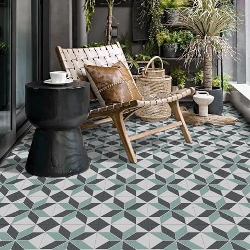 Alwayspon 12 azulejos de vinilo autoadhesivos, impermeables, 30 x 30 cm, negro, blanco y verde, para suelos de cocina, sala de estar y baño, PTF88