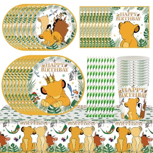 SYTTNUM 61pcs Il Re Leone Stoviglie di Compleanno Set, Vassoio di Carta, Tovagliolo, Tazza, Paglia, Tovaglia, Decorazione per Feste di Compleanno Il Re Leone -10persone