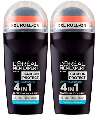 L'Oréal Paris Men Expert Carbon Protect Deodorant Roll-On Anti-Transpirant 4in1 Schutz 48h gegen schlechte Gerüche Feuchtigkeit mit XXL-Kopf Intensiver frischer Duft - 2 Flaschen à 50 ml