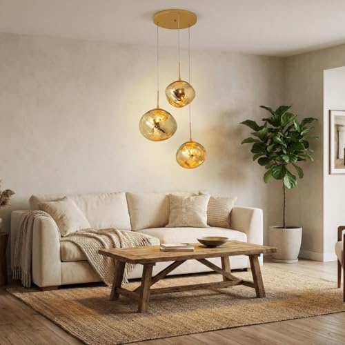BARCELONA LED Hängeleuchte Kronleuchter Dreifach aus Kristall KADNIS - 3 x E27, Modernes Design im Vintage/Industrie/Skandinavisch/Rustikal Stil, für Wohnzimmer, Jugendzimmer, Diele Gold