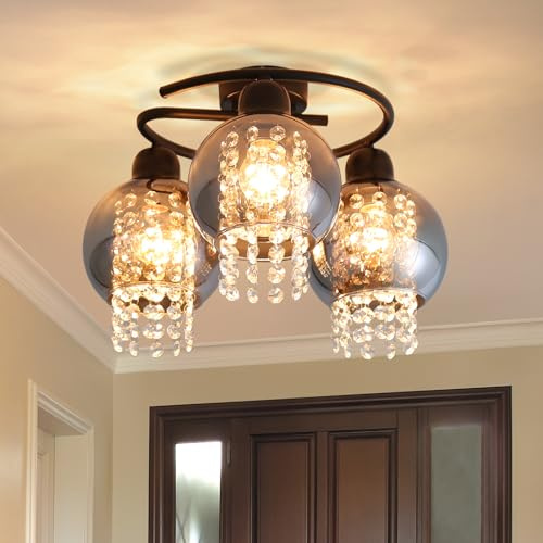 ZMH Deckenlampe E27 Deckenleuchte Schlafzimmer - Flurlampe Glas Esszimmer Schlafzimmerlampe Rauchgrau Industrial Schwarz Vintage Kristall 3 Flammig für Wohnzimmer Flur Küche (ohne Leuchtmittel)