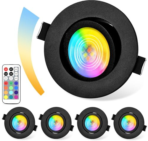 GeyouLux LED Einbaustrahler Dimmbar RGB,Led Spot 230V 68mm Aluminium,IP44 5W 3CCT 3000K/4000K/6000K Einbauleuchten,38° + 45° Schwenkbar Deckenspots Schwarz mit IR Fernbedienung für Badezimmer,4 stück