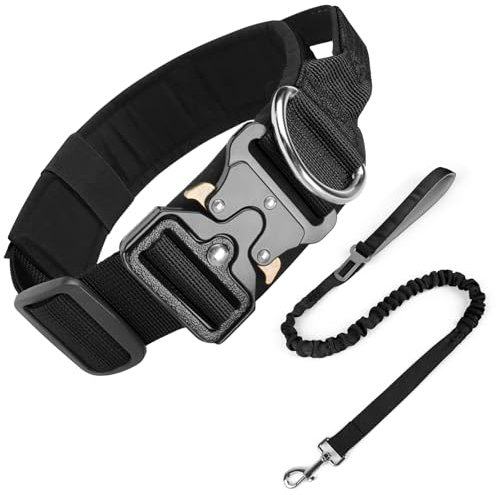 Ledeak Taktisches Hundehalsband mit Griff, Verstellbares Anti Zieh Breites Hunde Halsband Gepolstert, Dog Collar mit Metallschnalle erziehungshalsband für Hunde (Hundehalsband+Hundeleine Schwarz, XL)