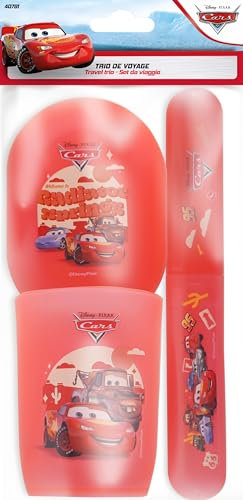 Disney Pixar Cars – Reise-Toiletten-Set für Kinder – Flash McQueen – Becher, Seifenschale, Zahnbürstenetui, robuster Kunststoff, sicher – Hygiene – Offizielles Produkt Disney