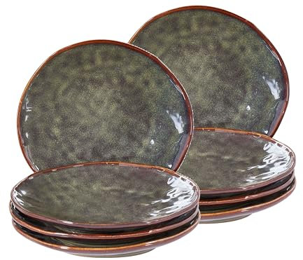 Set di 8 piatti da dessert in gres caolino lavorato a mano con smalto reattivo Verde scuro