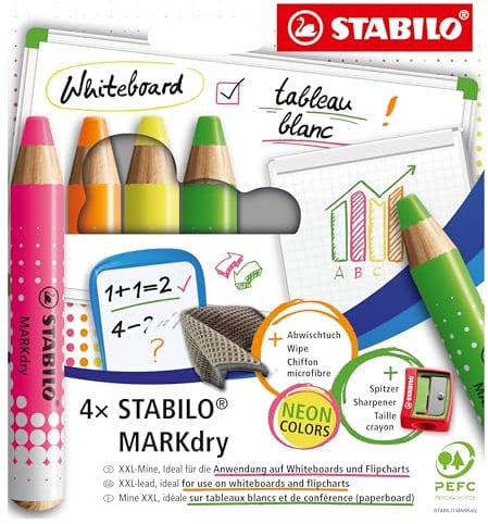 STABILO - Whiteboard- und Flipchartmarker - MARKdry - 4er Pack mit Spitzer und Abwischtuch - 4 Neonfarben