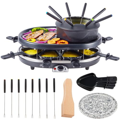 Sensch Electric Fondue Pot Set, Cheese/Chocolate Fondue Kit, Portable Korean Table Grill Electric Indoor Cheese Raclette, Dual Adjustable Thermostats, 8 People Serve Perfect for Parties and Family Fun
