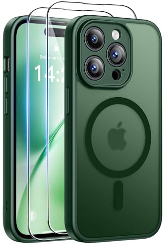 Qasyfanc Funda para iPhone 14 Pro MAX Compatible con MagSafe, Verde Oscuro | Circulo Magnetico, 2 Protector Pantalla,Protección De Cámara, Carcasa Antigolpes, Anti-Arañazos Respaldo