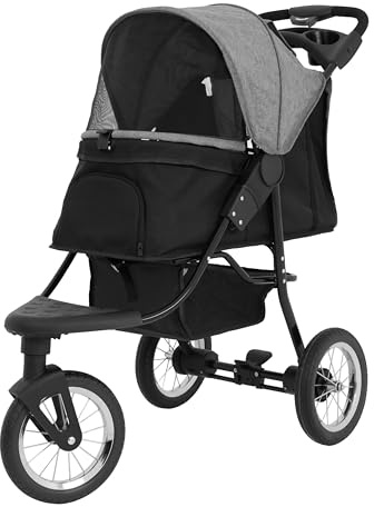 Faltbarer 3 Rad Buggy für Haustiere | Grau | Reise Jogger kleine bis mittelgroße Hunde Katzen bis 22kg | 3 schlauchlose Räder Netzbelüftung Korb Getränkehalter Caddy-Tasche Regenschutz