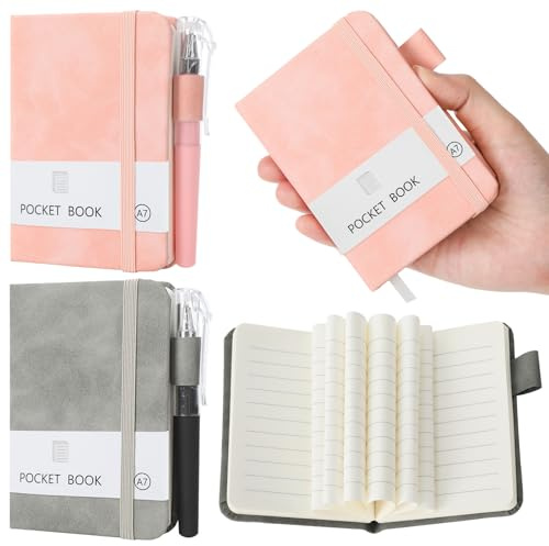 2 Stück Mini Notizbuch, mit 2 Stift, 200 Seiten, Hardcover Notizblock A7 | 11 x 8 cm, mit Elastischem Verschlussband, Stifthalter, Notizbuch Klein, für Schule, Arbeit, Reisen