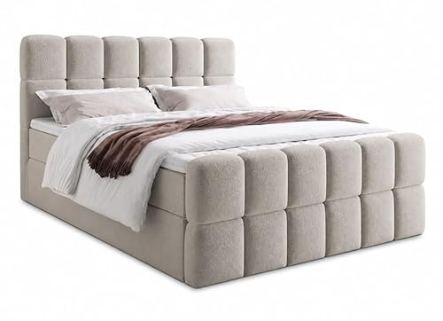 Boxspringbett SELA Kontinentales Polsterbett mit Kopfteil und Fußteil in Bouclé Stoff, Gepolstert, H3, Modernes Designerbett, Weiches Komfortbett, Doppelbett (Cappuccino: Fredo 05, 140x200 cm)