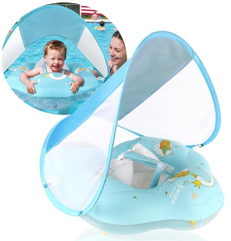 WYRIAZA Salvagente Neonato con Parasole Rimovibile SPF 50+ Salvagente con Seggiolino di Sicurezza Ciambella Neonato Mare Bambino 1 2 3 anni (L 6-36Mesi 8-16Kgs)