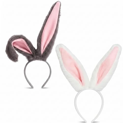 Vrexziy Hasenohren Haarreif, 2 Stück Hasenohren Stirnband, Hase Ohren Haarbänder Plüsch Hase Ohren Haarbänder für Oster Halloween Mottopart Karneval Party Cosplay