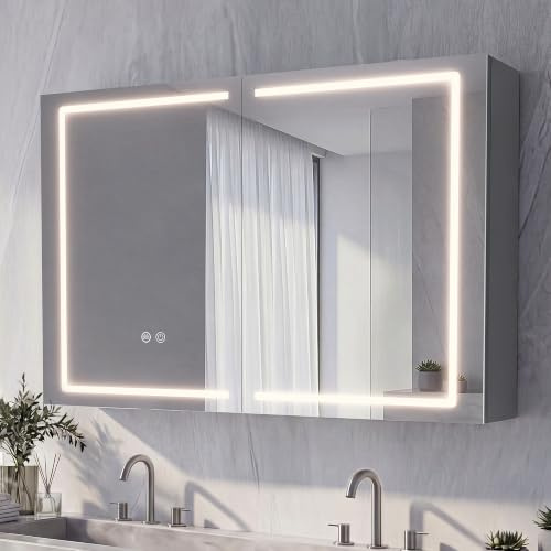 NeoArt Spiegelschrank Bad mit Beleuchtung Vormontiert 100x60x14cm Steingrau