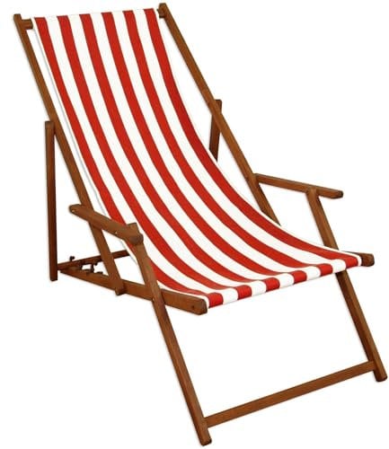 Erst-Holz Deckchair rot-weiß Strandstuhl Gartenstuhl Buche dunkel Sonnenliege Relaxliege klappbar 10-314