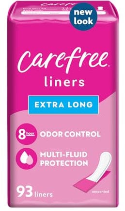 Carefree Slipeinlagen für Damen, extra lang, gewickelt, geruchlos, 93 ct, Slipeinlagen, Carefree Liners, Tageseinlagen für Frauen, leichte Perioden und Auslaufen, 8 Stunden Geruchskontrolle, 93 Karat