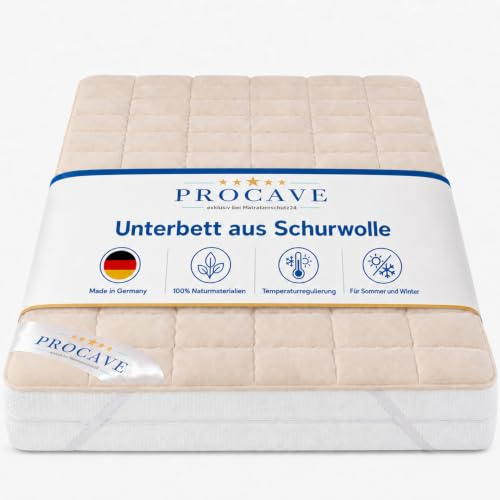 PROCAVE weiches Unterbett aus Schurwolle, atmungsaktiver Matratzen-Schoner, Matratzenbezug mit 4 Eckgummis,Matratzen-Auflage 120x200 cm