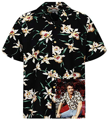 Paradise Found Tom Selleck Original Hawaiihemd, Kurzarm, Star Orchid, Schwarz, XXL