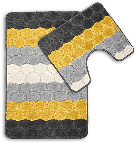 Velosso Non Slip Striped 2 Piece Bath Mat & Pedestal Mat Greek Key Plain Colours (Hex Ochre/Grey)