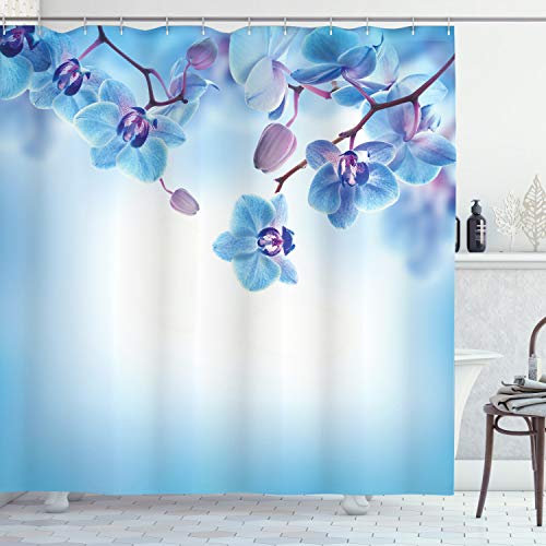 ABAKUHAUS Blume Duschvorhang, Orchideen Natur, Stoffliches Gewebe Badezimmerdekorationsset mit Haken, 175 x 200 cm, Blau und Lila