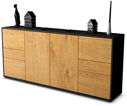 Stil.Zeit Sideboard Gemma, Korpus anthrazit matt, Front Holz-Design Eiche (180x79x35cm) Push-to-Open Technik & Leichtlaufschienen