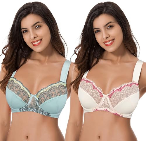 Curve Muse Reggiseno con Ferretto Minimizer da Donna Taglie Forti con Ricamo in Pizzo-Confezione da 2-Foschia Blu, Rosa Chiaro -4E