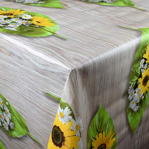 KEVKUS Wachstuch Tischdecke AN10 Palmen Sonnenblumen auf Holz Wellness wählbar in eckig rund oval (Rand: Schnittkante (ohne Einfassung), 120 x 160 cm oval)